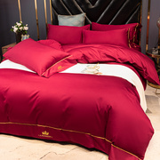 欧式60支长绒棉婚庆四件套，简约全棉大红色，纯色1.8m结婚床上用品