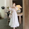 法式气质白色连衣裙女夏季复古温柔风提花泡泡袖收腰显瘦仙女长裙