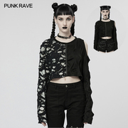 小破亚文化 PUNK RAVE pr朋克状态女装暗黑goth不对称双拼长袖T恤