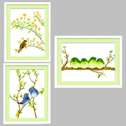 十字绣小鸟客厅餐厅三联画简约现代印花卡通简单小幅鸟语花香