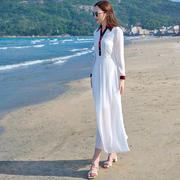 白色沙滩裙女2023夏气质(夏气质)收腰度假连衣裙中长款飘逸超仙衬衫裙