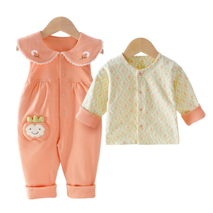 宝宝双层夹衣婴儿春季薄款套装，小童纯棉背带裤两件套洋气外出服