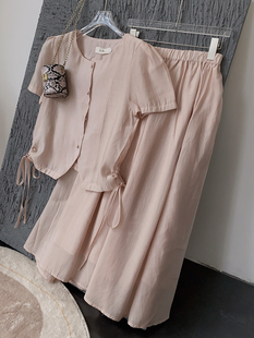 中式纯色圆领单排扣雪纺短袖上衣，a字高腰半身裙套装时尚休闲洋气
