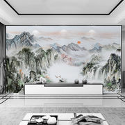 新中式电视背景墙水墨壁画墙纸古典国画风景山水壁纸沙发客厅墙