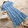 花田香雪镂空收腰荷叶，边裙摆蓝色，2023年水溶蕾丝连衣裙