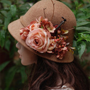 款，森林系森女手作花与小提琴油画花朵羊毛呢帽