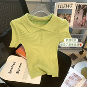 夏天韩版设计感小个子修身冰丝针织短袖T恤女别致显瘦polo领上衣
