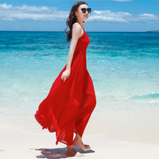 红色吊带长裙雪纺连衣裙2023女夏高级(夏高级)感露背裙海边度假沙滩裙