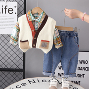 儿童时尚套装宝宝洋气，毛衣马甲时髦男童开衫，衬衫三件套韩版牛仔裤
