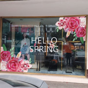 服装店春季上新玻璃创意静电贴商场店铺粉色橱窗蝴蝶花朵装饰贴纸