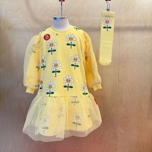 韩国童装ins风婴儿，宝宝女童黄色太阳，花纱袖娃娃领连衣裙裙子