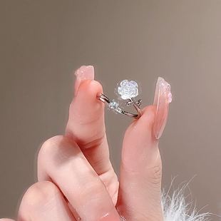 s925银戒指水晶山茶花戒指女小众设计开口素圈戒指轻奢尾戒食指环