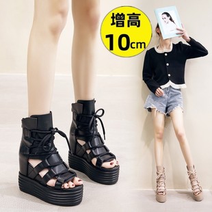 小个子10cm厚底内增高凉鞋真皮鱼嘴2023罗马女鞋绑带高帮靴子