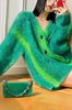 小众21秋冬绿色竖条纹v领毛针织开衫女慵懒风拼色马海毛外套
