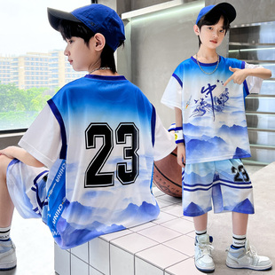 儿童篮球服套装男童假两件短袖速干运动训练服23号中大童男孩夏装