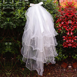 韩式可爱复古多层蓬蓬蝴蝶结钉珠头纱新娘结婚纱造型旅拍头纱