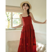 红色吊带连衣裙仙女裙外穿红裙子夏季旅游度假长裙外搭开衫两件套