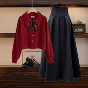 红色复古POLO领针织开衫毛衣女秋冬季休闲设计感搭高腰半身裙