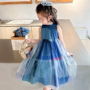 女童夏装连衣裙女宝宝孔雀蓝洋时髦纱裙儿童夏季2024韩版裙子