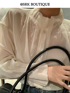 srk法式气质白色天丝衬衫女2023秋季长袖，设计感小众百搭上衣