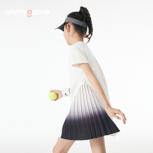 onmygame女童网球连衣裙儿童渐变百褶裙，夏季高弹力(高弹力)运动裙透气