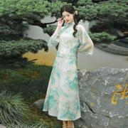春季新中式禅意国风七分袖印花上衣松紧腰半身裙茶服套装气质