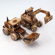 木质模型摆件 儿童消防玩具车 挖土机推土机小孩玩具工艺