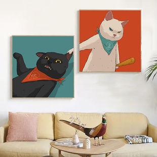 情侣头像卡通装饰画卧室床头挂画动漫，客厅沙发背景墙可爱猫咪壁画