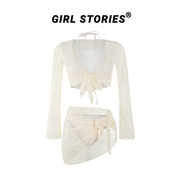 girlstories原创设计风女孩，微胖比基尼四件套，带沙滩罩衫拍照泳衣