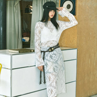 Yann M原创设计米色蕾丝棉感直筒镂空连衣裙长袖开衩显瘦叠搭长裙