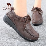 Camel/骆驼女鞋春秋季真羊皮系带坡跟中年舒适休闲妈妈鞋子单