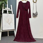 酒红色蕾丝气质连衣裙正式场合长袖春装大码2024减龄贵妇裙0223