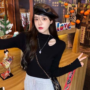 黑色螺纹半高领打底衫女内搭长袖t恤2023秋冬紧身镂空显瘦上衣潮