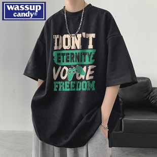 WASSUP CANDY美式复古短袖T恤男夏季宽松重磅港风潮牌半袖衫