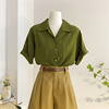 显白复古绿色翻领短袖衬衫女夏季宽松垂感设计感小众条纹港风上衣