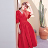 裙子法式复古泡泡袖收腰显瘦气质红色年会礼服连衣裙通勤高腰