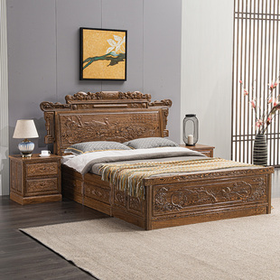 红木家具非洲鸡翅木花鸟大床1.8米新中式全实木床1.5米双人床婚床