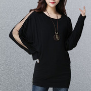 黑色莫代尔棉t恤女性感网纱拼接长袖，蝙蝠衫宽松显瘦遮肉圆领上衣