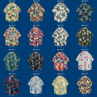 夏季海边度假短袖碎花衬衫，男夏威夷潮流帅气上衣情侣沙滩宽松衬衣