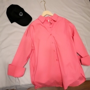 西瓜红粉色中长款内搭长袖棉，衬衫宽松百搭休闲外套开衫女2024春款