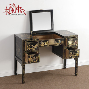 新中式梳妆台手绘描金黑漆化妆台实木仿古卧室储物翻盖古典家具