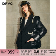 dfvc黑色拼接西装短款羽绒服，女2023年冬加厚白鸭绒(白鸭绒)面包服外套