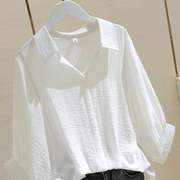 韩国棉麻衬衣大码白色宽松衬衫女2024夏季套头V领蝙蝠袖衬衣