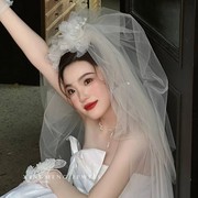 2023超仙花朵头饰韩式新娘，头纱结婚发饰，婚纱礼服旅拍配饰大气