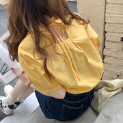 鹅黄色衬衫女夏2021洋气小个子设计感后背蝴蝶结系带短袖衬衣
