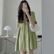 韩国chic夏季法式小众中长款单排扣衬衫裙，小个子宽松a字连衣裙女