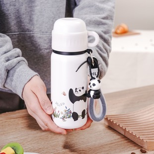 创意可爱呆萌熊猫水杯高颜值316不锈钢保温杯便携提绳双盖直饮杯
