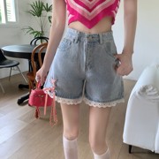 辣妹牛仔短裤女装夏季高腰设计感小众纯欲蕾丝花边阔腿裤
