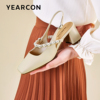 意尔康方头粗跟高跟鞋，女2024夏季法式复古珍珠，一字带包头时装凉鞋