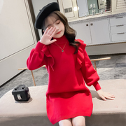 女童红色毛衣裙(毛衣裙，)冬装2023保暖儿童拜年服中童大童连衣裙新年服